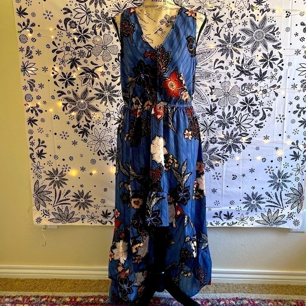Blue floral hi low dress with ruffle and tie back